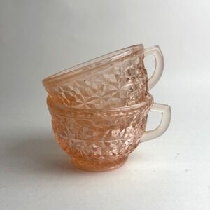 Vintage Jeannette Holiday Buttons & Bows Pink Depression Glass Tea Cup Set of 2